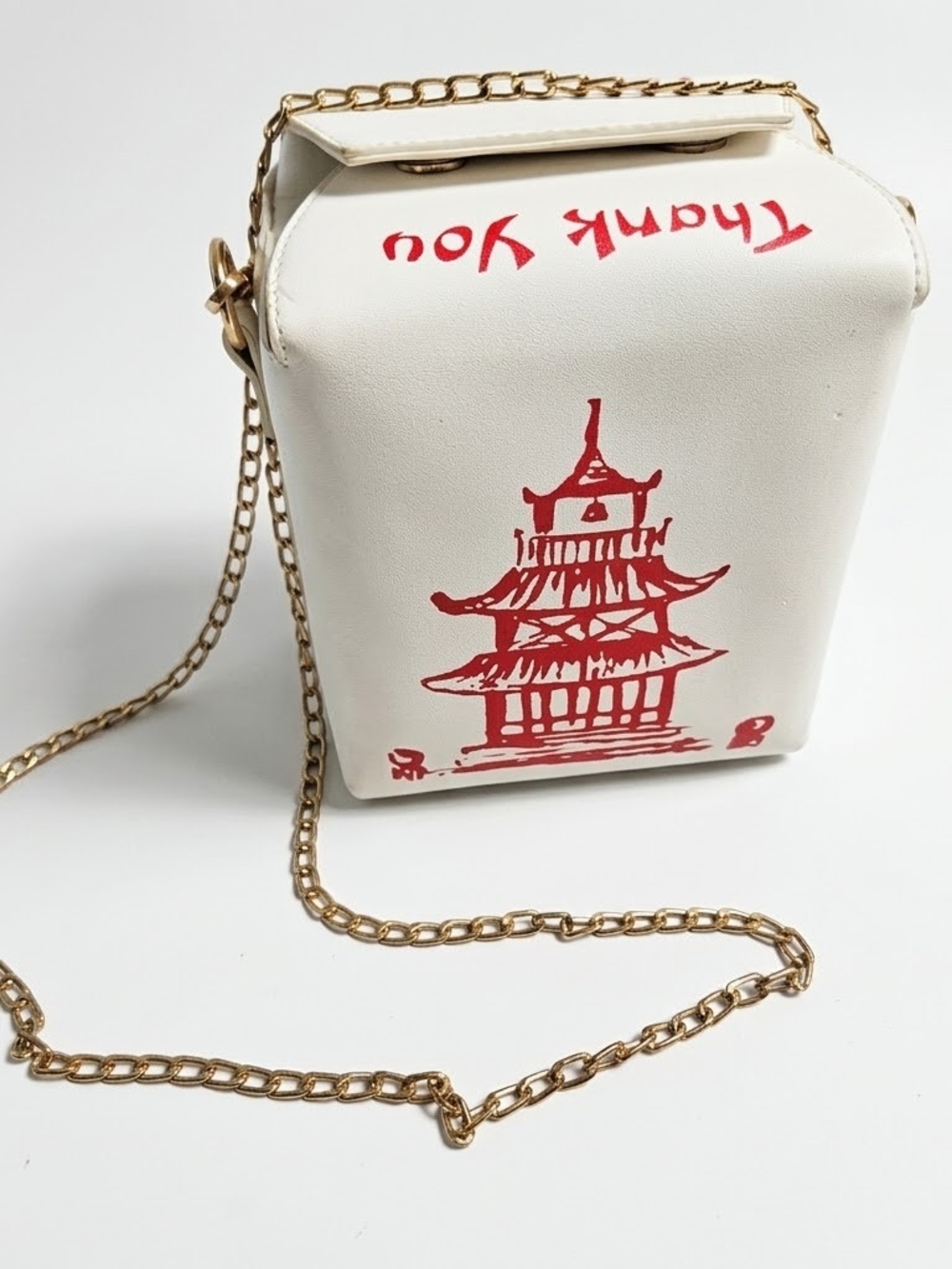 Novelty Chinese Takeout Box Crossbody Bag White Red Pagoda Kitsch Quirky Purse
